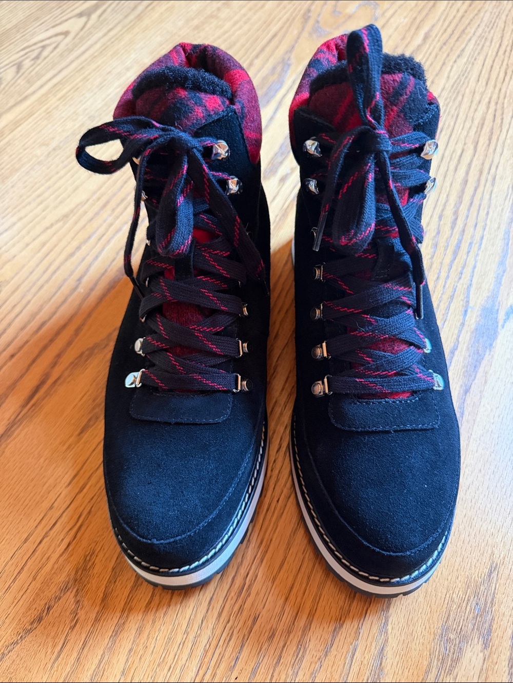 Talbots Black Suede Lace-Up Boots with Red Plaid Trim